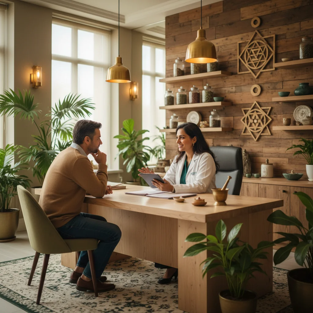 Ayurvedic doctor in white coat sitting at a modern desk consulting with a patient in a premium clinic