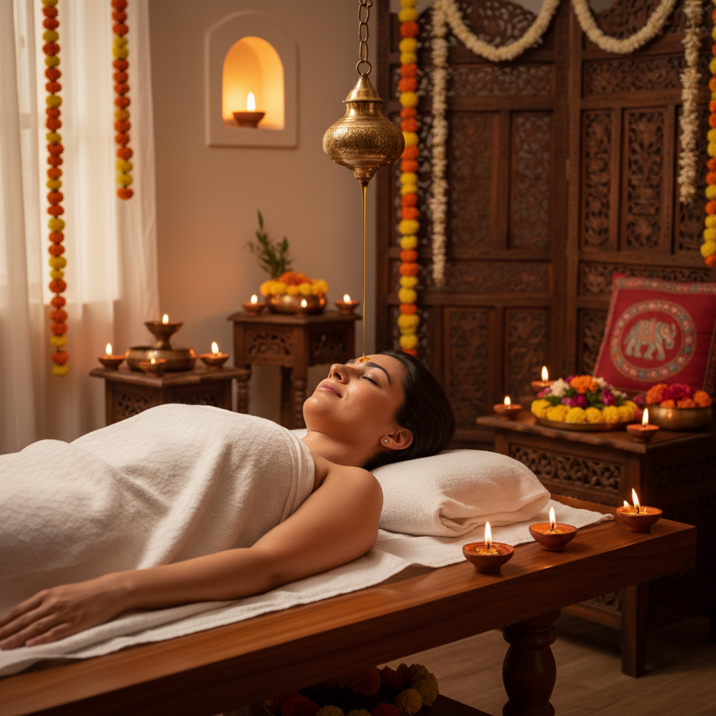 Shirodhara therapy with continuous warm oil stream for mental wellness and stress relief