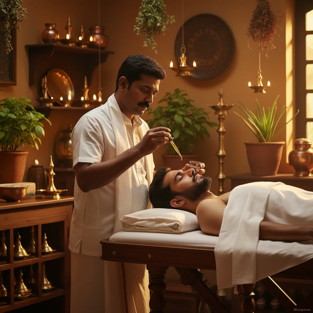 Nasya nasal therapy administered by expert practitioner using herbal oils
