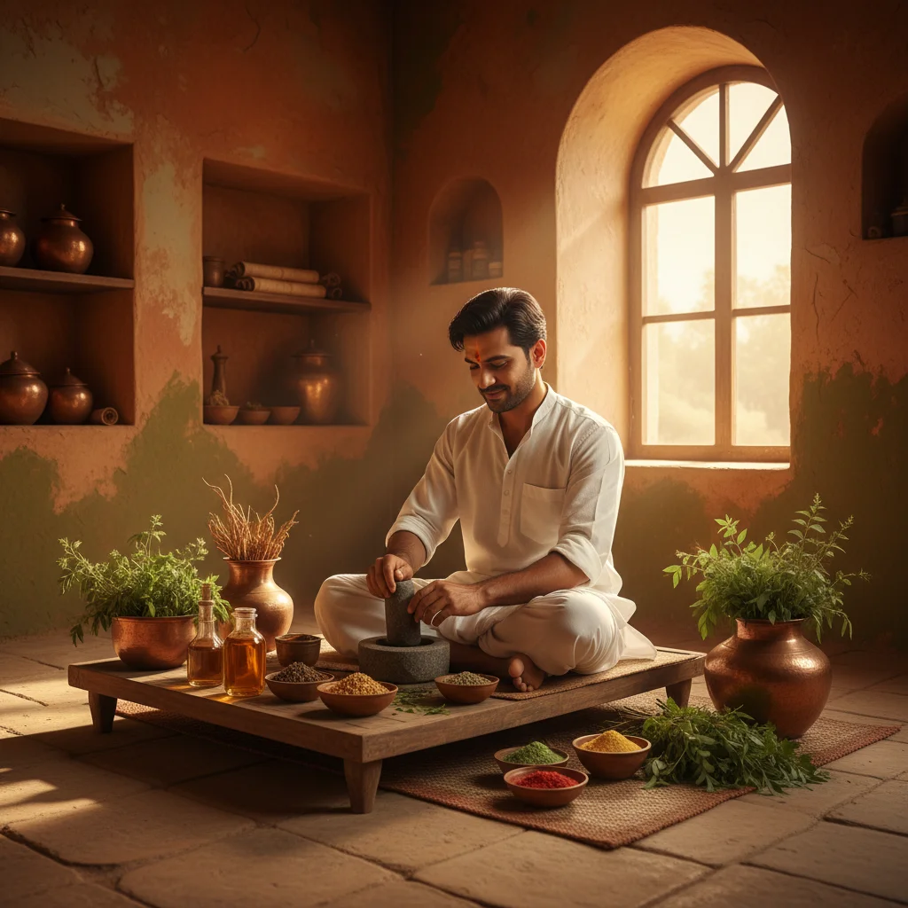 Traditional Indian male Ayurvedic practitioner preparing Panchakarma herbal medicines