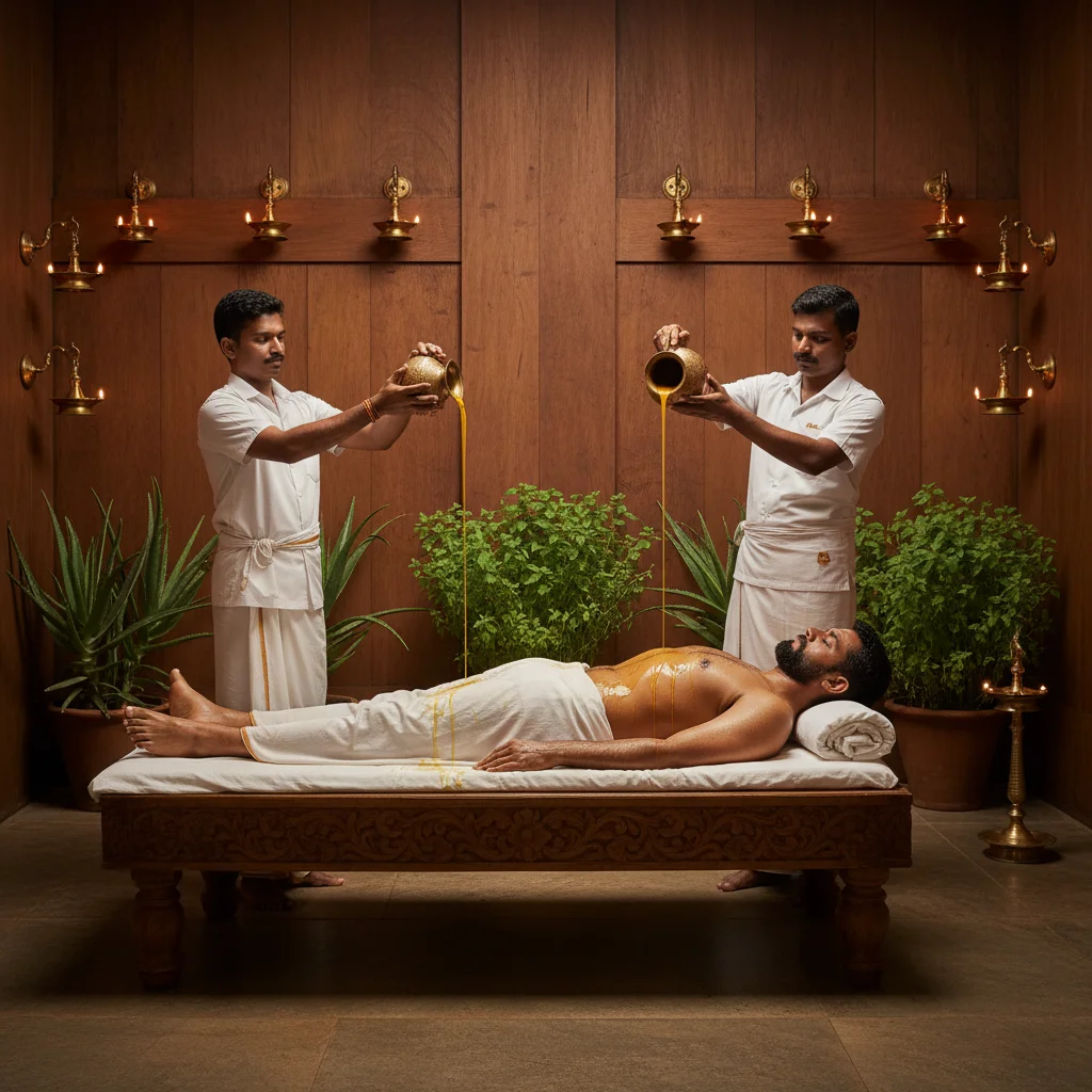 Pizhichil royal oil bath treatment with continuous warm oil flow therapy