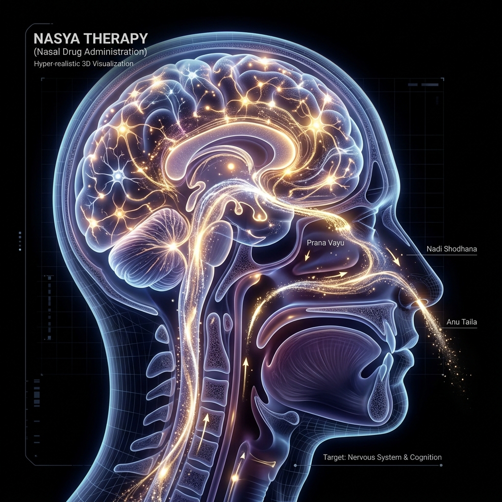 Nasya nasal oil administration Ayurvedic treatment with medicated herbal oils